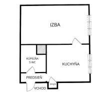 PREDAJ: 1 izbový byt; 38 m²; BREZNO ;89.500 € - Plán 1-izbového bytu s kuchyňou, kúpeľňou a predsieňou.