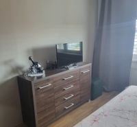 Svetlý a tichý 3i byt po rekonštrukcii, s panoramatickým výhľadom - Interiér 3-izbového bytu s komodou a televízorom, podlaha s dreveným dekorom.