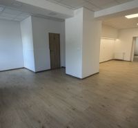 Na prenájom obchodný priestor v centre Pezinka 100m2 - Interiér obchodných priestorov s podlahou s dreveným dekorom a viacerými miestnosťami.