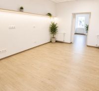 Na prenájom obchodný priestor v centre Pezinka 100m2 - Interiér obchodných priestorov s podlahou s dreveným dekorom a rastlinami v kvetináčoch.