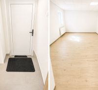Na prenájom obchodný priestor v centre Pezinka 100m2 - Interiér obchodných priestorov s podlahou s dreveným dekorom a bielymi stenami.