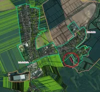 Podhájska - 2.084 m2 POZEMOK na okraji obce - Mapa poľnohospodárskych a lesných pozemkov v okolí Podhájskej s farebným vyznačením území.