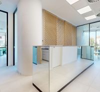 RIVERS | ELEGANTNÉ KANCELÁRSKE PRIESTORY V SKY PARKU - Interiér s bielymi stenami, sklenenými dverami a podlahou s dreveným dekorom v kanceláriách.