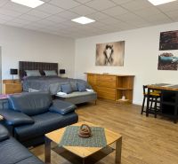 PRENÁJOM nadštandardný byt/apartmán, ul. Rudlovská cesta, centrum B.B. - Štýlová obývačka v 1-izbovom byte s podlahou s dreveným dekorom a pohodlným sedením.