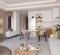 Hotelový a rezidenčný komplex THE TERRACE v Paje, Zanzibar - Interiér obývacej izby vo výstavbe bytov s nábytkom v prírodných odtieňoch.