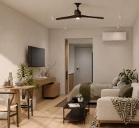 Hotelový a rezidenčný komplex THE TERRACE v Paje, Zanzibar - Interiér v neutrálne ladenom byte s podlahou s dreveným dekorom a zariadením.