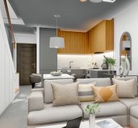 Hotelový a rezidenčný komplex THE TERRACE v Paje, Zanzibar - Interiér s kuchyňou a obývačkou, pohovkou, dreveným dekorom a schodmi. Výstavba bytov.