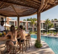 Hotelový a rezidenčný komplex THE TERRACE v Paje, Zanzibar - Exteriér s bazénom a barom v projekte Výstavba bytov v Paje.