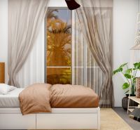Hotelový a rezidenčný komplex THE TERRACE v Paje, Zanzibar - Izba so závesmi, posteľou a vešiakovým stojanom, podlaha s dreveným dekorom.