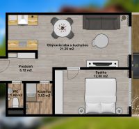 2-izbový byt s PARKOVACÍM MIESTOM lokalita CHOPOK JUH - Pôdorys 2-izbového bytu s kuchyňou, predsieňou a balkónom, podlaha s dreveným dekorom.