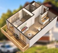 2-izbový byt s PARKOVACÍM MIESTOM lokalita CHOPOK JUH - 3D pôdorys 2-izbového bytu s balkónom a podlahou s dreveným dekorom.