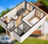 2-izbový byt s PARKOVACÍM MIESTOM lokalita CHOPOK JUH - 3D pôdorys 2-izbového bytu s podlahou s dreveným dekorom a balkónom.
