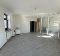 Priestory na prenájom / bytové, príp. nebytové / centrum Žiliny - Kancelárske priestory s podlahou s dreveným dekorom, presklené priečky a biele steny.