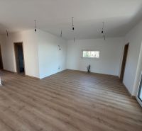 Novostavba rodinný dom Preseľany  - Interiér rodinného domu s podlahou s dreveným dekorom a minimalistickým osvetlením.