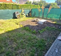 Útulné a kompletne zariadené bývanie v rodinnom dome so záhradkou – Pi - Záhrada rodinného domu na Kupeckého ulici v Piešťanoch s trávnikom a záhonom.