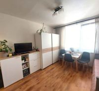 KOMPLETNE PREROBENÁ GARSÓNKA + PIVNICA: Nitra – Chrenová !  - Garsónka s podlahou s dreveným dekorom, skriňou, stolom a televíziou.