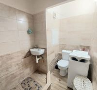 KOMPLETNE PREROBENÁ GARSÓNKA + PIVNICA: Nitra – Chrenová !  - Kúpeľňa v garsónke s toaletou, umývadlom a práčkou; podlaha s dreveným dekorom.