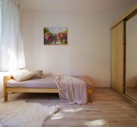Exkluzívne na predaj kompletne zrekonštruovaná garsónka 25 m2, Žilina - Garsónka s jednoduchou posteľou, šatníkovou skriňou a podlahou s dreveným dekorom.