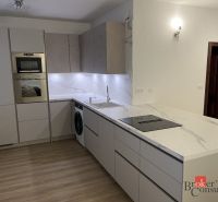 Priestranný 3i byt s balkónom a garážou v Petržalke - Kuchyňa v 3-izbovom byte s mramorovou pracovnou doskou a podlahou s dreveným dekorom.