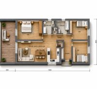 MODERNÝ 4-IZBOVÝ RODINNÝ DOM V ŠTÝLE BARNHOUSE – Veľká Mača  - Pôdorys rodinného domu s terasou, tromi izbami a kuchyňou, jedálňou, obývacou izbou.
