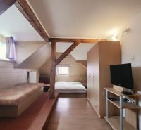 Na predaj zabehnutý Apartmánový dom v Podhájskej s parkovaním - Interiér rekreačného apartmánu s posteľou, televízorom a podlahou s dreveným dekorom.