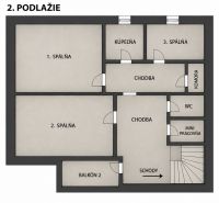 Zrekonštruovaný rodinný dom 215 m² na pozemku 1 530 m² | Martin - Pôdorys druhého podlažia rodinného domu so spálňami, kúpeľňou a balkónom.