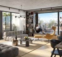 4 izbový penthouse 155m² | Greencorner | Bratislava-Nové mesto - Štýlová obývacia izba so sedením a výhľadom na terasu v 2-izbovom byte.