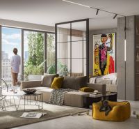 4 izbový penthouse 155m² | Greencorner | Bratislava-Nové mesto - Obývacia izba 2-izbového bytu s pohovkou, podlahou s dreveným dekorom a veľkými oknami.