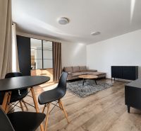 PRENÁJOM | Moderný 2-izbový byt s balkónom a parkovaním – SL - Obývacia izba v 2-izbovom byte s podlahou s dreveným dekorom, čiernym nábytkom a sedačkou.