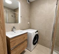 PRENÁJOM | Moderný 2-izbový byt s balkónom a parkovaním – SL - Kúpeľňa v 2-izbovom byte s práčkou a skrinkou s dreveným dekorom.
