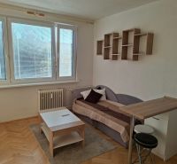 DOBRÉ REALITY-pekná garsónka na prenájom, sídl. Kopanice, Prievidza - Garsónka s podlahou s dreveným dekorom, pohovkou, stolíkom a závesnou policou.