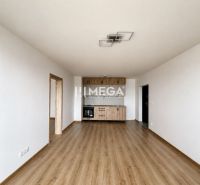 Na predaj 3 izbový byt s balkónom v Strážskom - Obývacia izba v 3-izbovom byte s podlahou s dreveným dekorom a kuchynskou linkou.