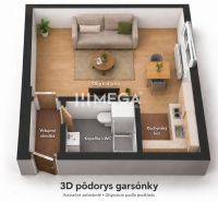 Na predaj garsónka na Sokolovskej ulici v meste Humenné - 3D pôdorys garsónky: obytná izba, kuchynský kút, kúpeľňa s WC, vstupná chodba.