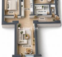 Predaj 3 izbový byt s balkónom - Humenné, Ševčenkova - Pôdorys 3-izbového bytu s balkónom, kuchyňou a podlahou s dreveným dekorom.