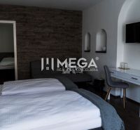 Na predaj nehnuteľnosť - zabehnutý penzión v centre mesta Humenné - Hotelová izba so stenou z obkladov, podlaha s dreveným dekorom a písacím stolom.