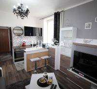 Na prenájom plne zariadená garsónka blízko centra - Humenné - Kuchyňa v Rekreačnom apartmáne so sedacou súpravou a podlahou s dreveným dekorom.