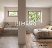 Exkluzívne bývanie v Rezidencii Gaštanová Humenné-BUNGALOV 1 - Spálňa s podlahou s dreveným dekorom a kúpeľňa, prepojené v rodinnom dome.