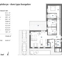 Exkluzívne bývanie v Rezidencii Gaštanová Humenné - BUNGALOV 2 - Pôdorys bungalovu s tromi izbami a terasou v rodinnom dome.