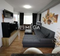REZERVOVANÝ - Na predaj moderný 2-izbový byt po rekonštrukcii - Obývacia izba v 2-izbovom byte s podlahou s dreveným dekorom a šedou sedačkou.