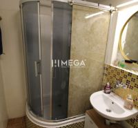 REZERVOVANÝ - Na predaj moderný 2-izbový byt po rekonštrukcii - Kúpeľňa v 2-izbovom byte s podlahou s dreveným dekorom, sprchovým kútom a umývadlom.