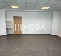 NA PRENÁJOM KANCELÁRIA IDEÁLNA NA SLUŽBY 35m² - HUMENNÉ - Prázdne kancelárske priestory s umývadlom a tmavou podlahou s dreveným dekorom.