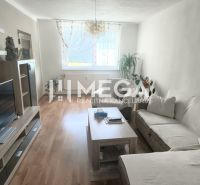 DOHODA NA CENE NA PREDAJ 4-IZBOVÝ BYT 88 m² S LOGGIOU HUMENNÉ - Obývačka v 4-izbovom byte s pohovkou, TV a podlahou s dreveným dekorom.