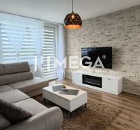 NA PRENÁJOM – PRÉMIOVÝ 3-IZBOVÝ BYT S PANORAMATICKÝM VÝHĽADOM - Obývačka v 3-izbovom byte, s podlahou s dreveným dekorom a TV na kamennej stene.