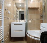 NA PRENÁJOM – PRÉMIOVÝ 3-IZBOVÝ BYT S PANORAMATICKÝM VÝHĽADOM - Kúpeľňa v 3-izbovom byte so sprchovým kútom a práčkou, dlažba s prírodným dekorom.