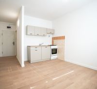 REZERVOVANÉ 1 izbový byt s balkónom - až 41m² N. DUBNICA - Kuchynský kút s linkou a vstavaným sporákom v 1-izbovom byte, podlaha s dreveným dekorom.
