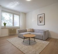 REZERVOVANÉ 1 izbový byt s balkónom - až 41m² N. DUBNICA - Obývačka v 1-izbovom byte s pohovkou, koberec a podlaha s dreveným dekorom.
