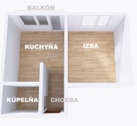 REZERVOVANÉ 1 izbový byt s balkónom - až 41m² N. DUBNICA - Pôdorys 1-izbového bytu s kuchyňou, izbou, kúpeľňou a podlahou s dreveným dekorom.