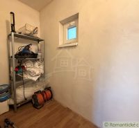Záhrada s murovanou chatkou po rekonštrukcii iba 200 m od rieky Nitra - Úložný regál s náradím a podlaha s dreveným dekorom v chate.