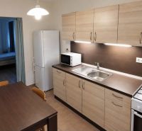 Prenájom 1-izbového zariadeného bytu, 43 m² – Šancová - Kuchyňa v 1-izbovom byte s dreveným dekorom, sporákom a jedálenským stolom.