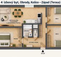 PRIPRAVUJEME: 4 izb. novorekonštruovaný byt, Košice - Terasa, Obrody - Pôdorys 4-izbového bytu s podlahou s dreveným dekorom zahŕňa izby a kuchyňu.